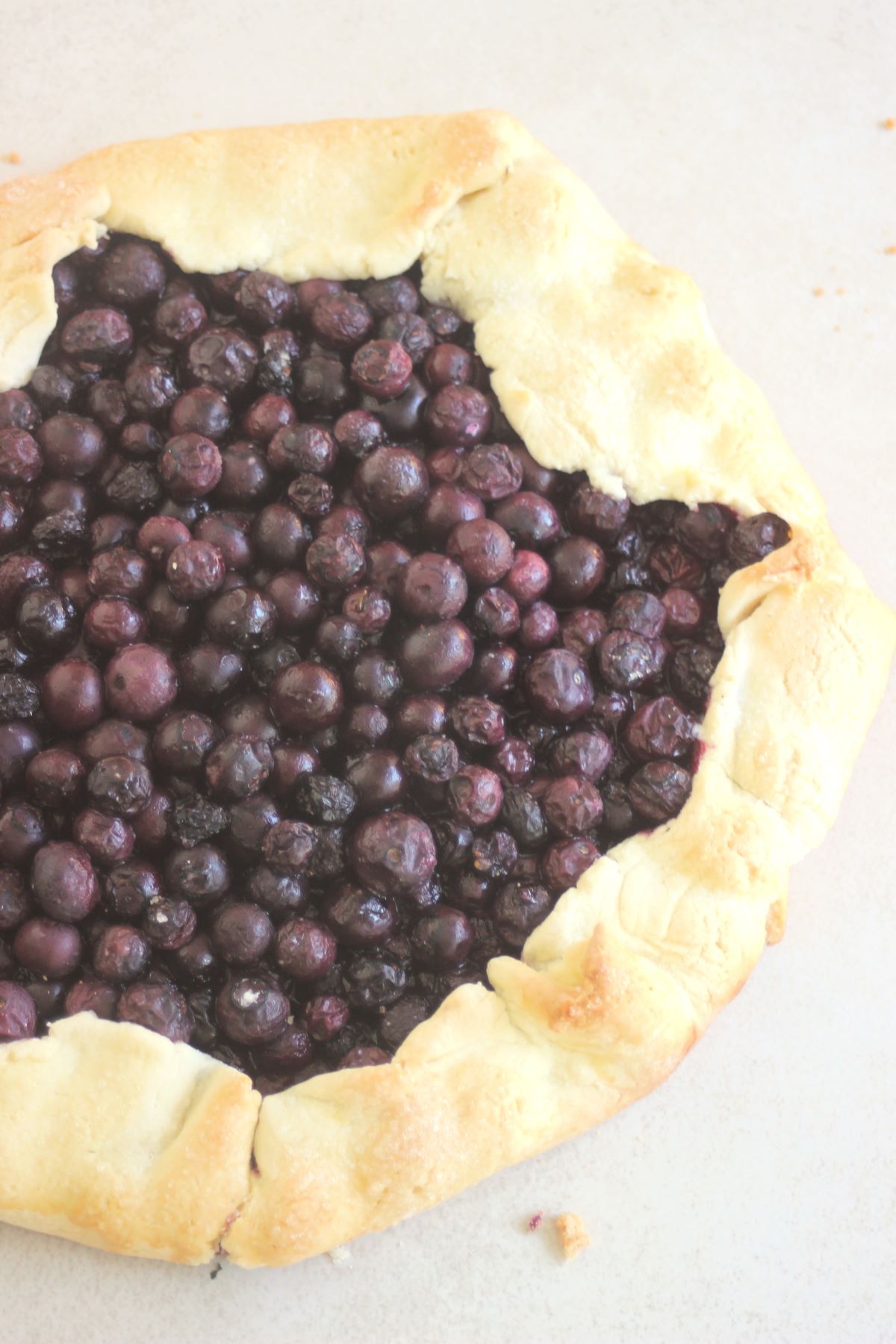 Blueberry galette seen from above on a a white surface.