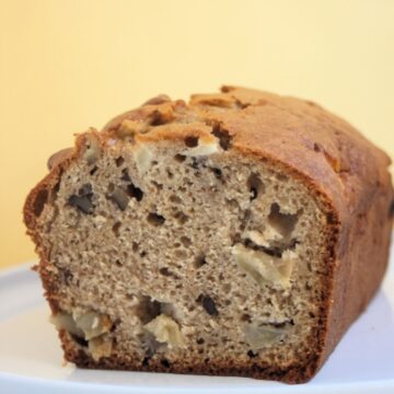 Inside view of apple bread seen front.