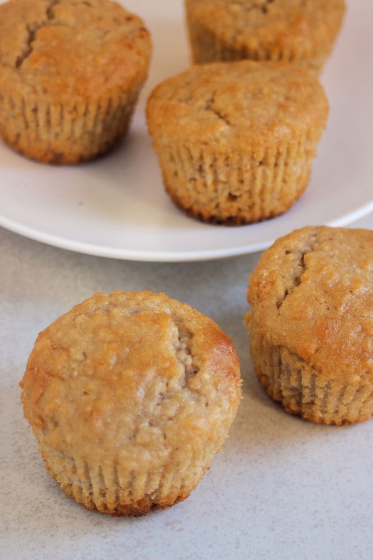 Two oatmeal muffins and more muffins behind on a white plate.