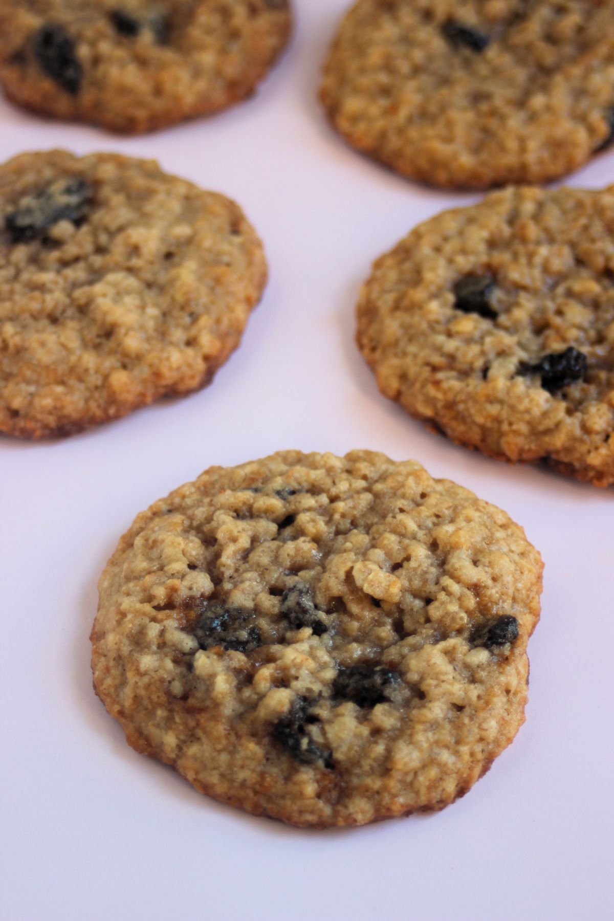 Oatmeal raisin cookies on a pink surface.