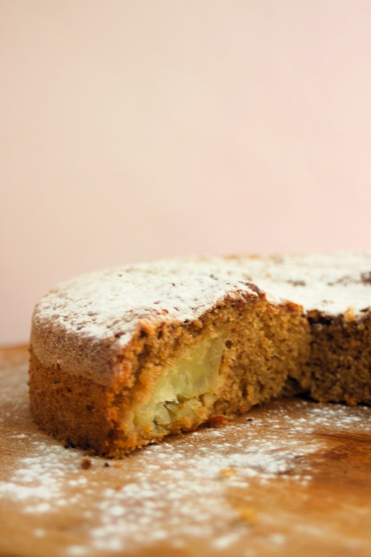 View of the inside of the apple cake.