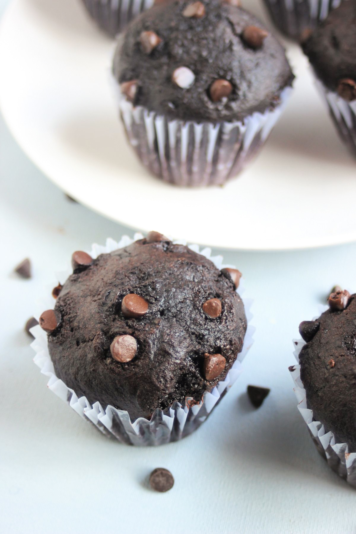 Double chocolate muffin in a liner on a light blue surface. More muffins behind.