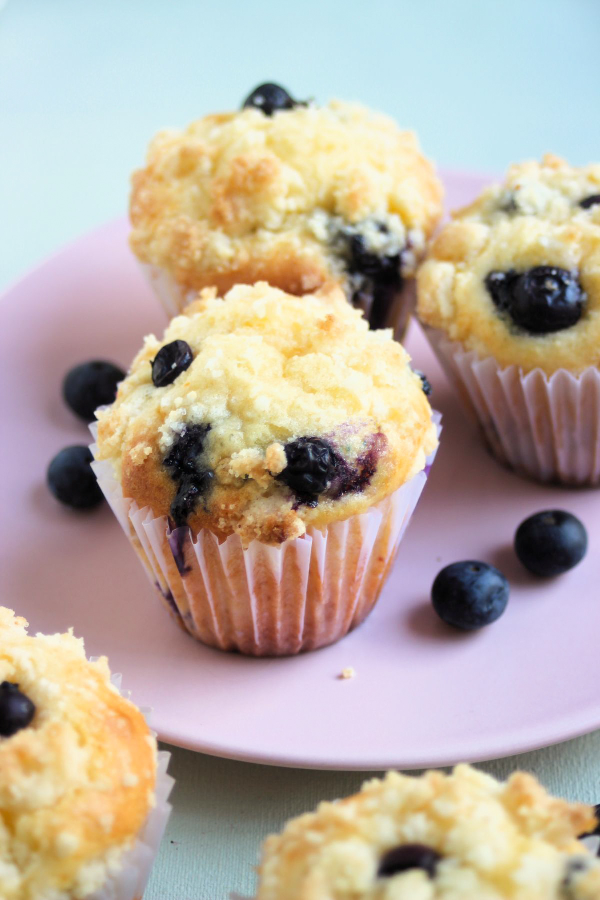 Blueberry streusel muffins in liners on a pink plate. Fresh blueberries on the sides.