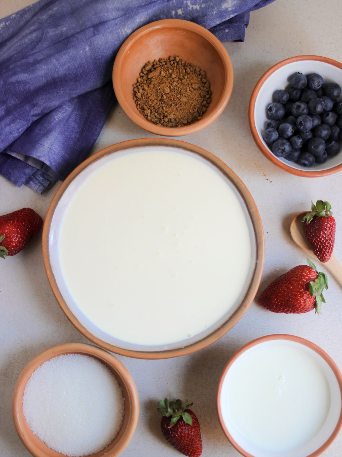 Vanilla panna cotta ingredients on a white surface seen from above.