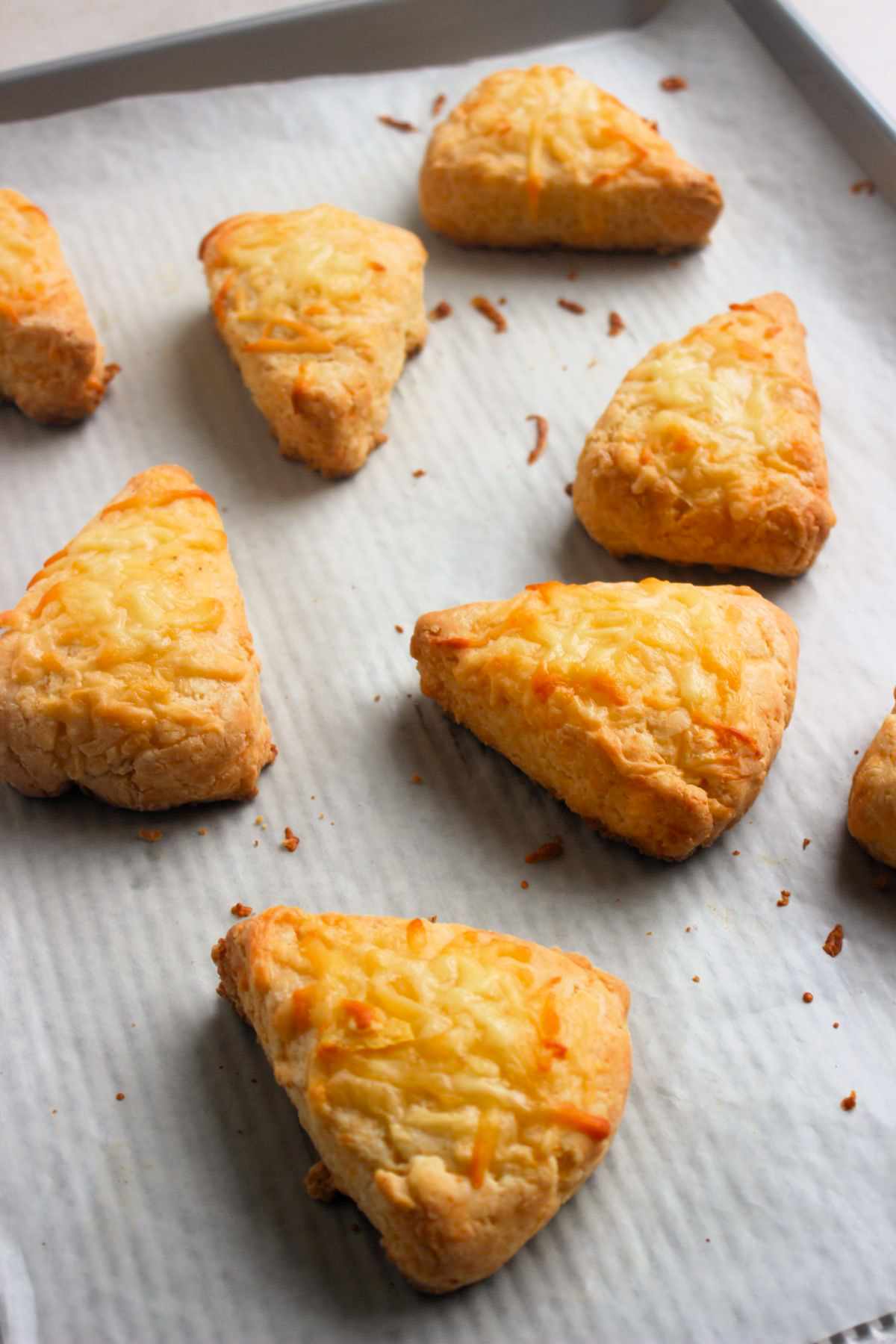 Cheese scones in a baking sheet with parchment paper.