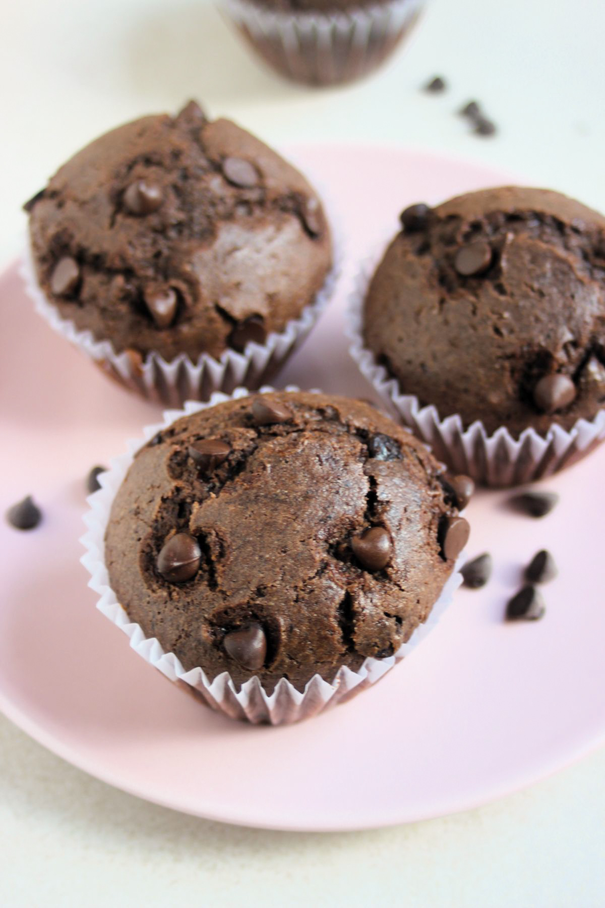Chocolate buckwheat muffins on a pink plate. Chocolate chips scattered around.