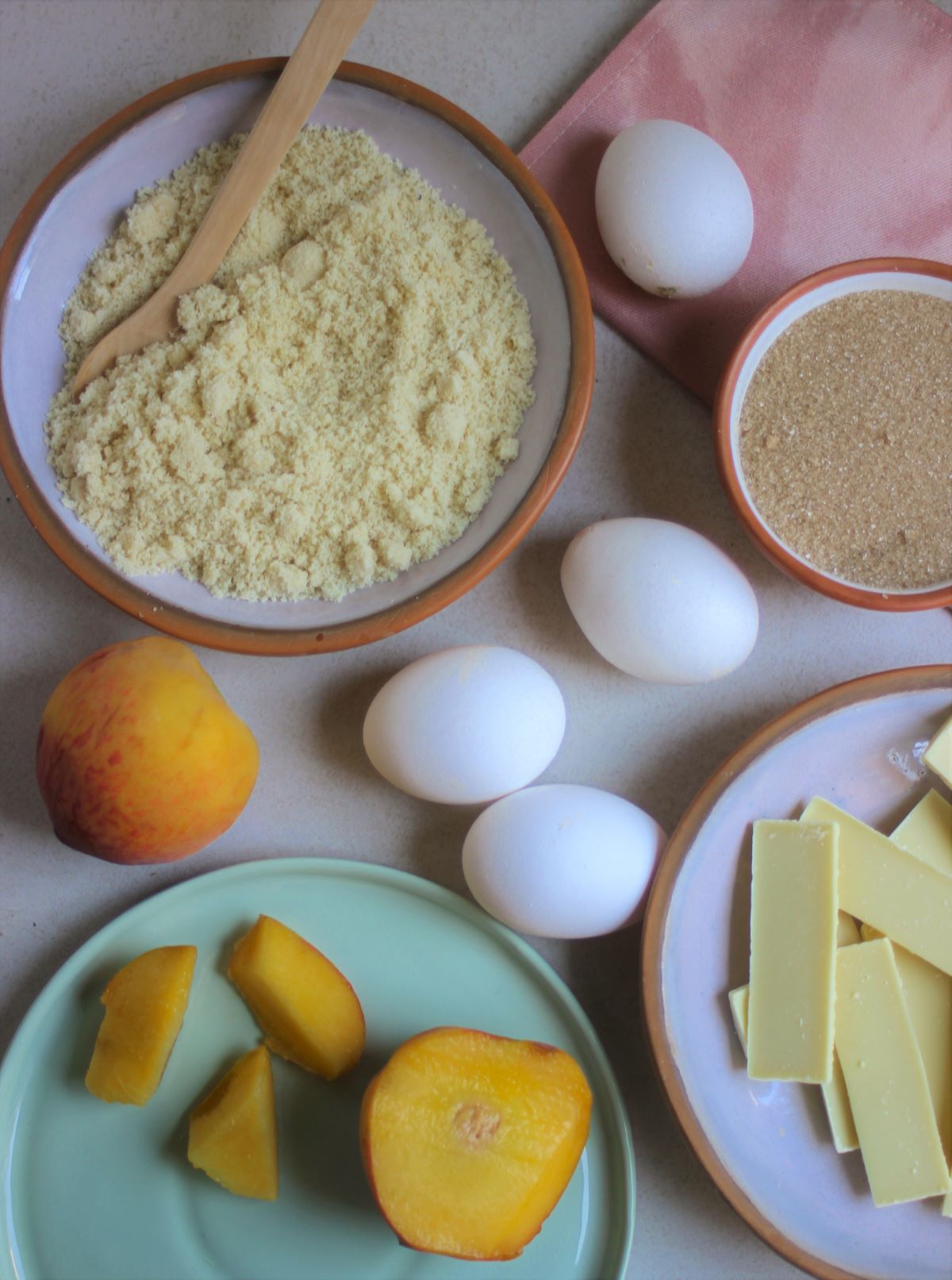 Almond and peach bar ingredients seen from above.