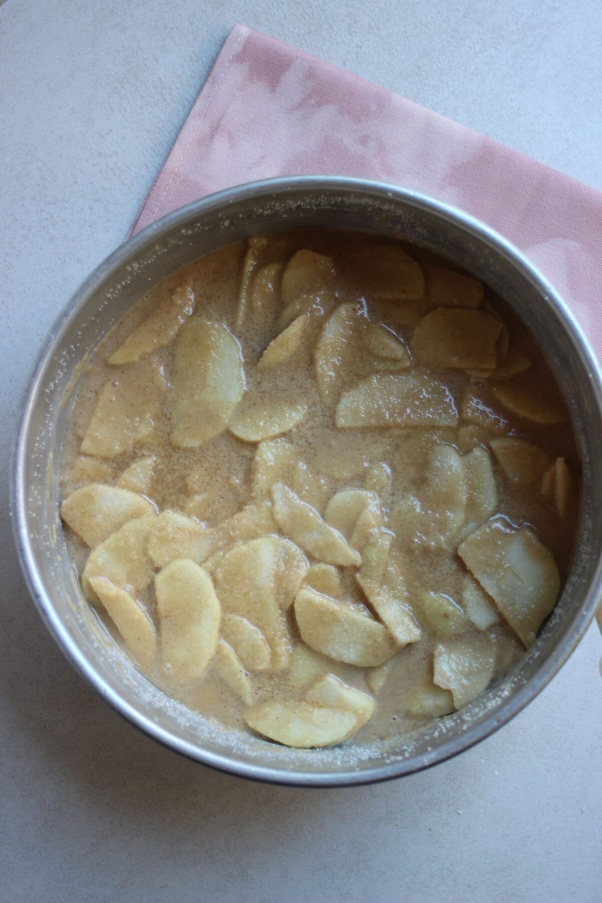 Cake pan with an apple cake mixture.