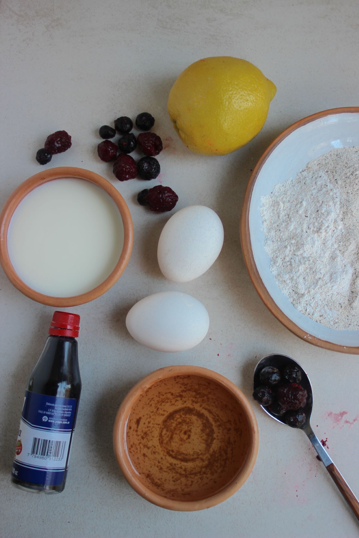 Mixed berry and lemon muffins ingredients.