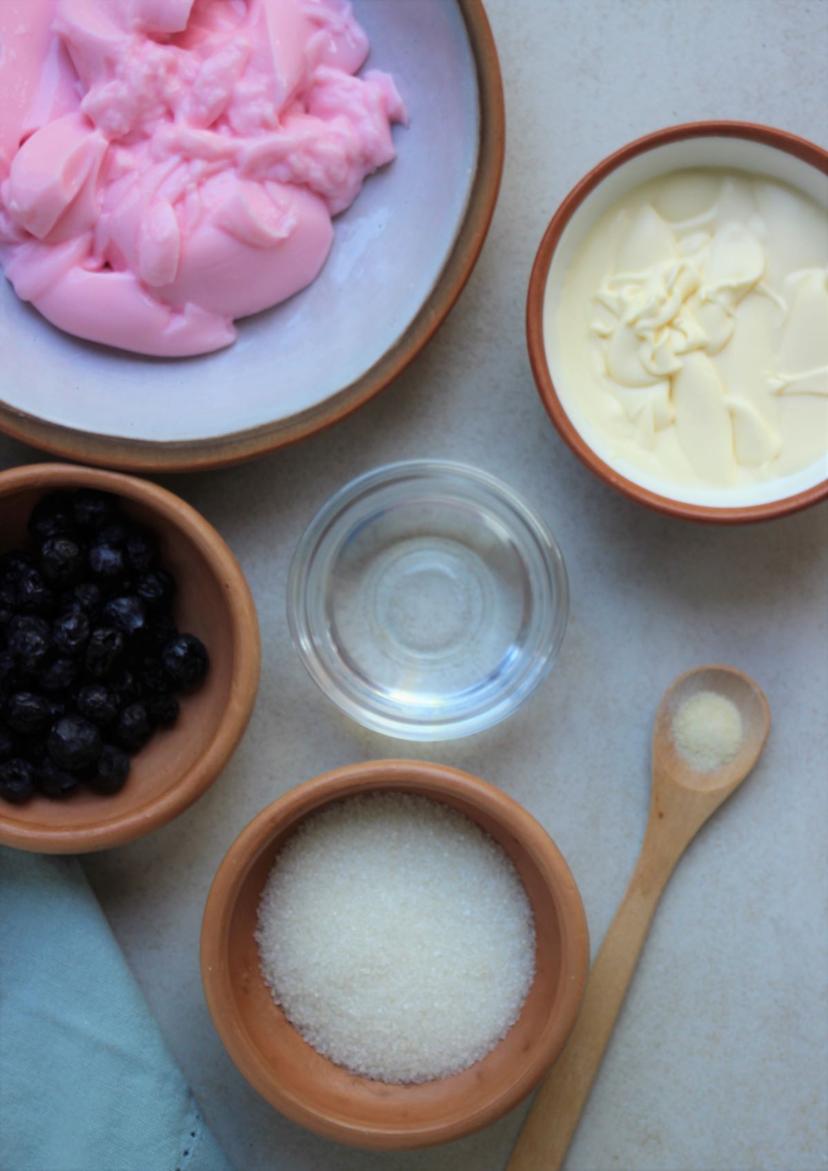 Yogurt and blueberries panna cotta ingredients.