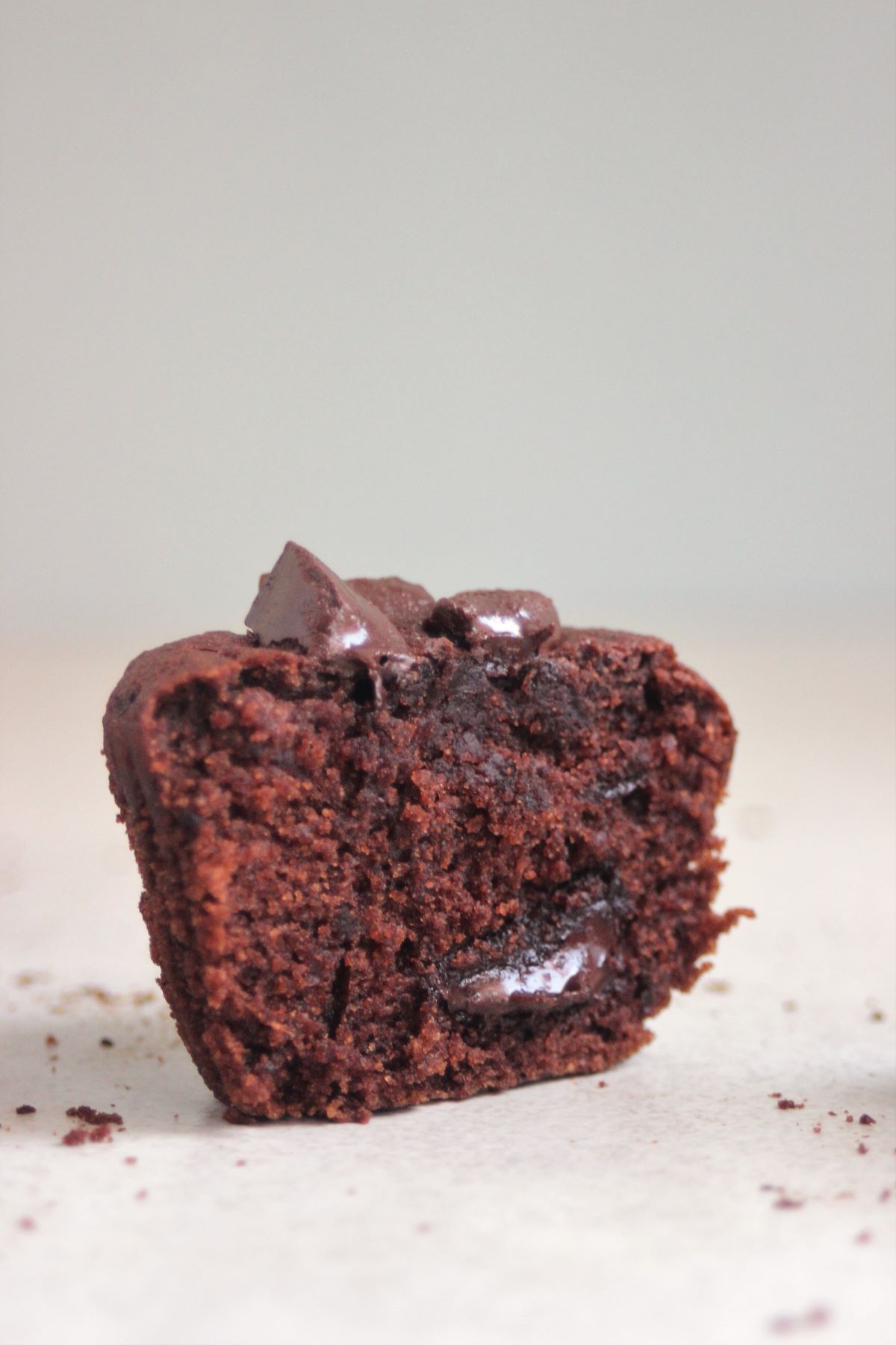 A half of a chocolate muffin viewed from the front.
