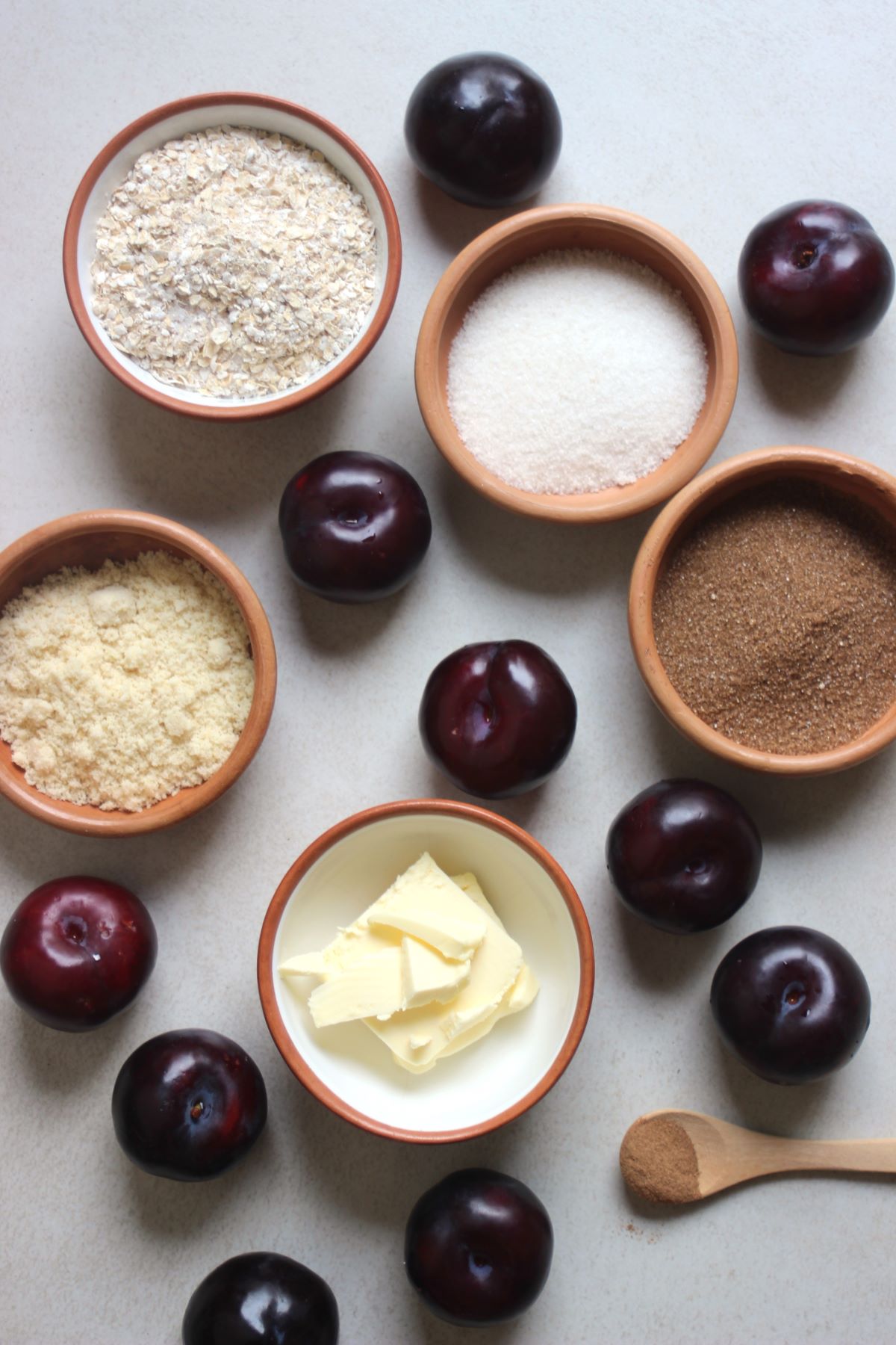 Plum crisp ingredients seen from above.