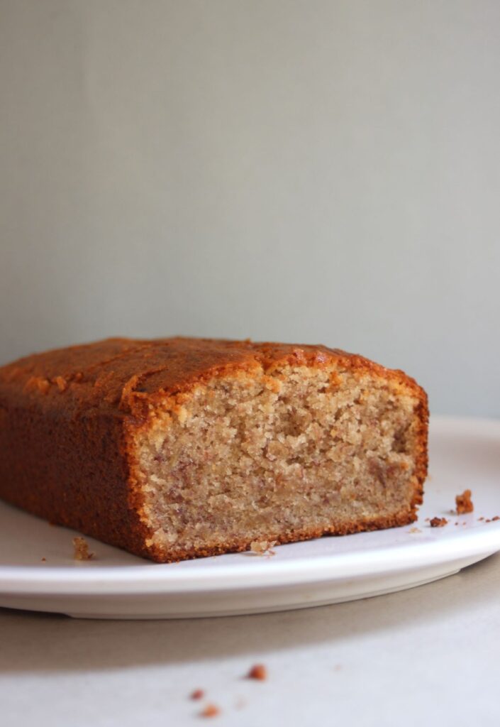 Banana bread on a white plate.