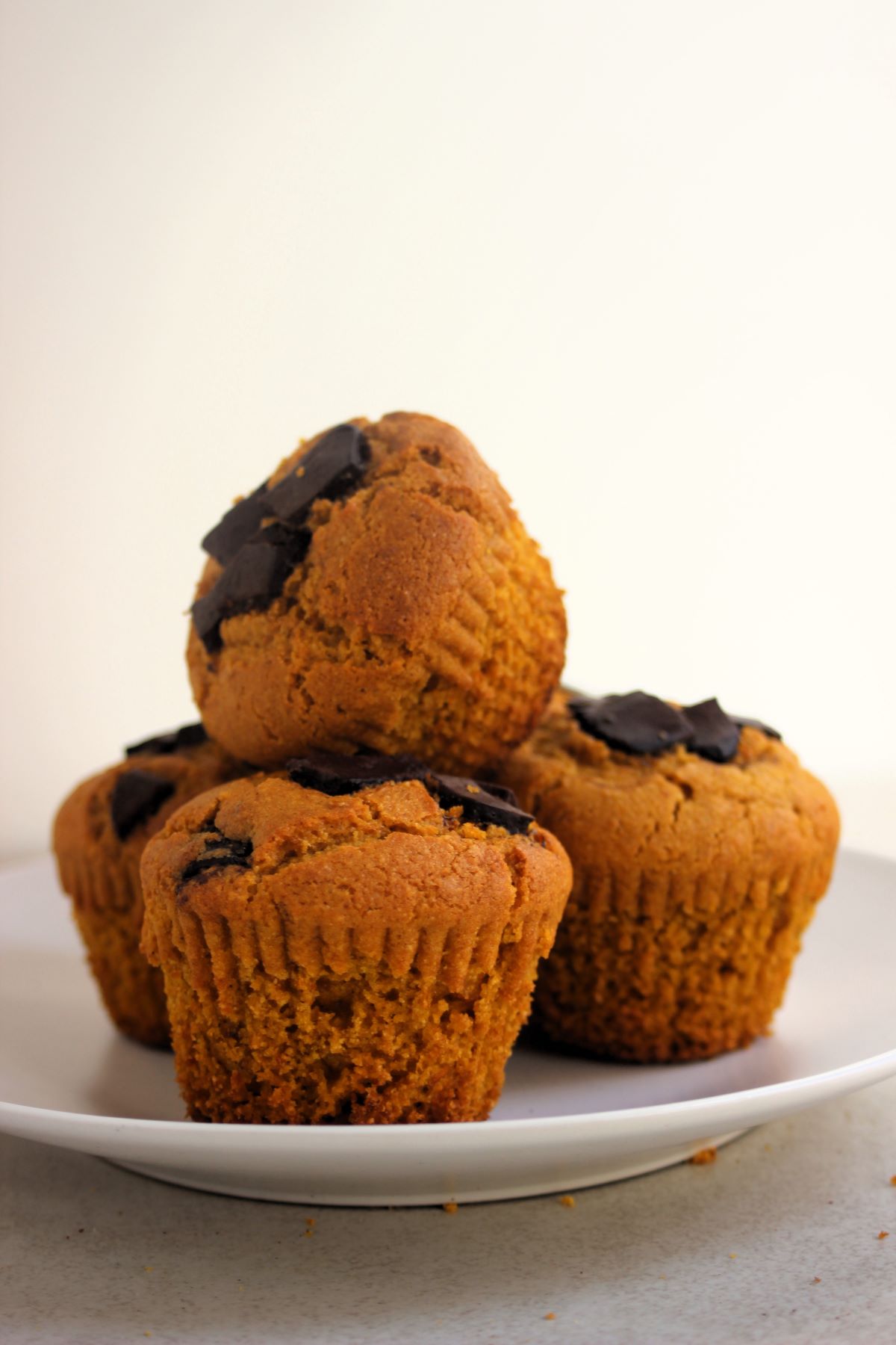 Pumpkin chocolate muffins on a white plate.
