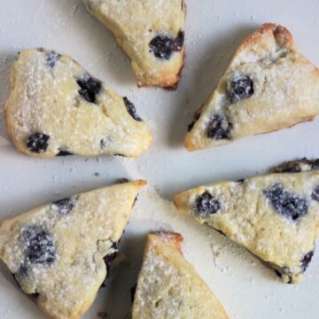 Blueberry scones on a white surface seen from above.