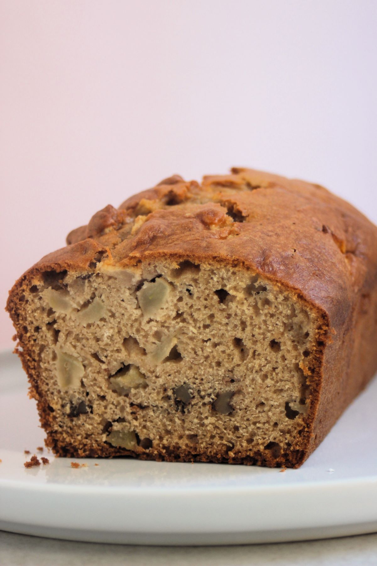 Inside view of apple bread seen front.