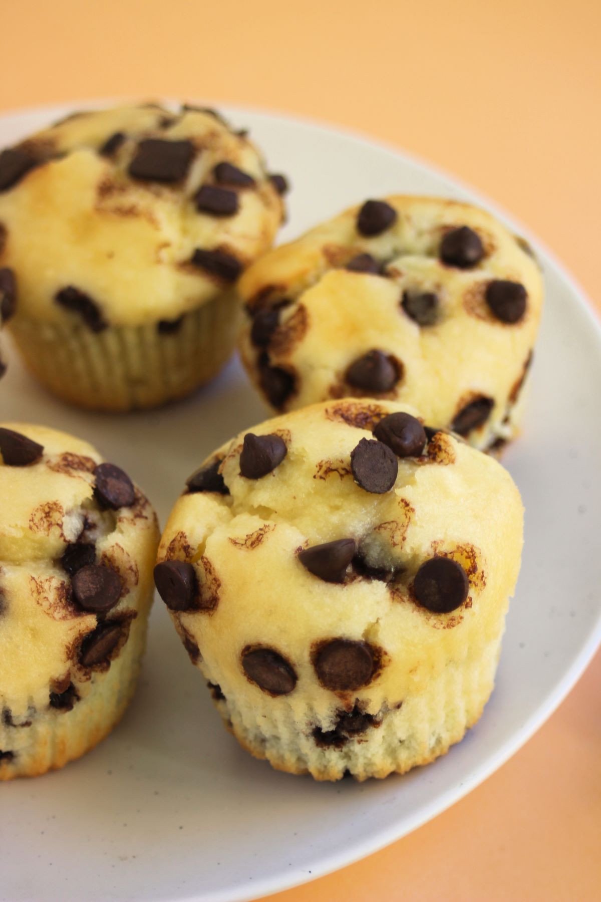 Chocolate chip muffins on a white plate. Light orange surface.