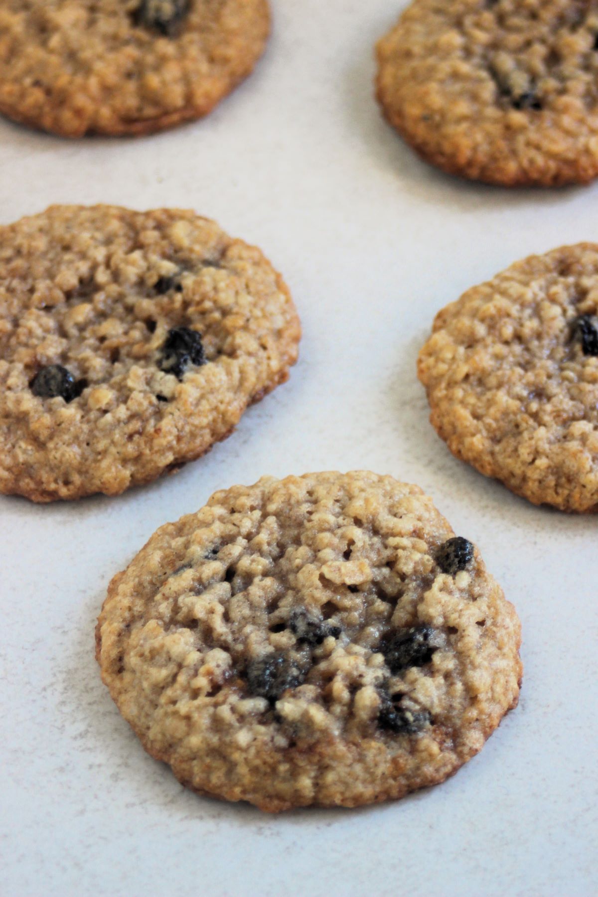 Oatmeal raisin cookies on a white surface.