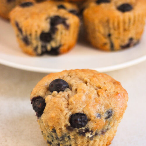 An oatmeal blueberry muffin and more muffins behind on a white plate,