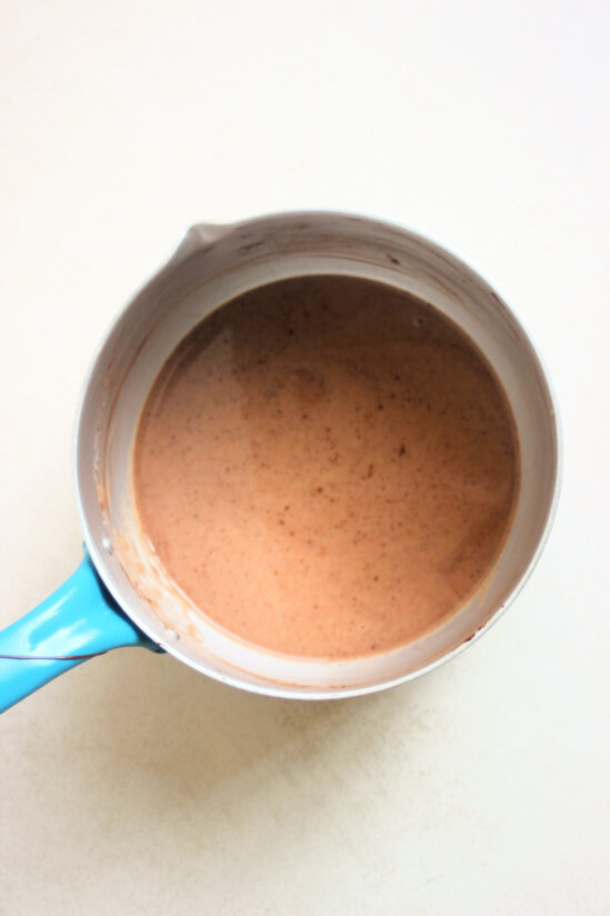 Deep pan with a chocolate mixture seen from above.