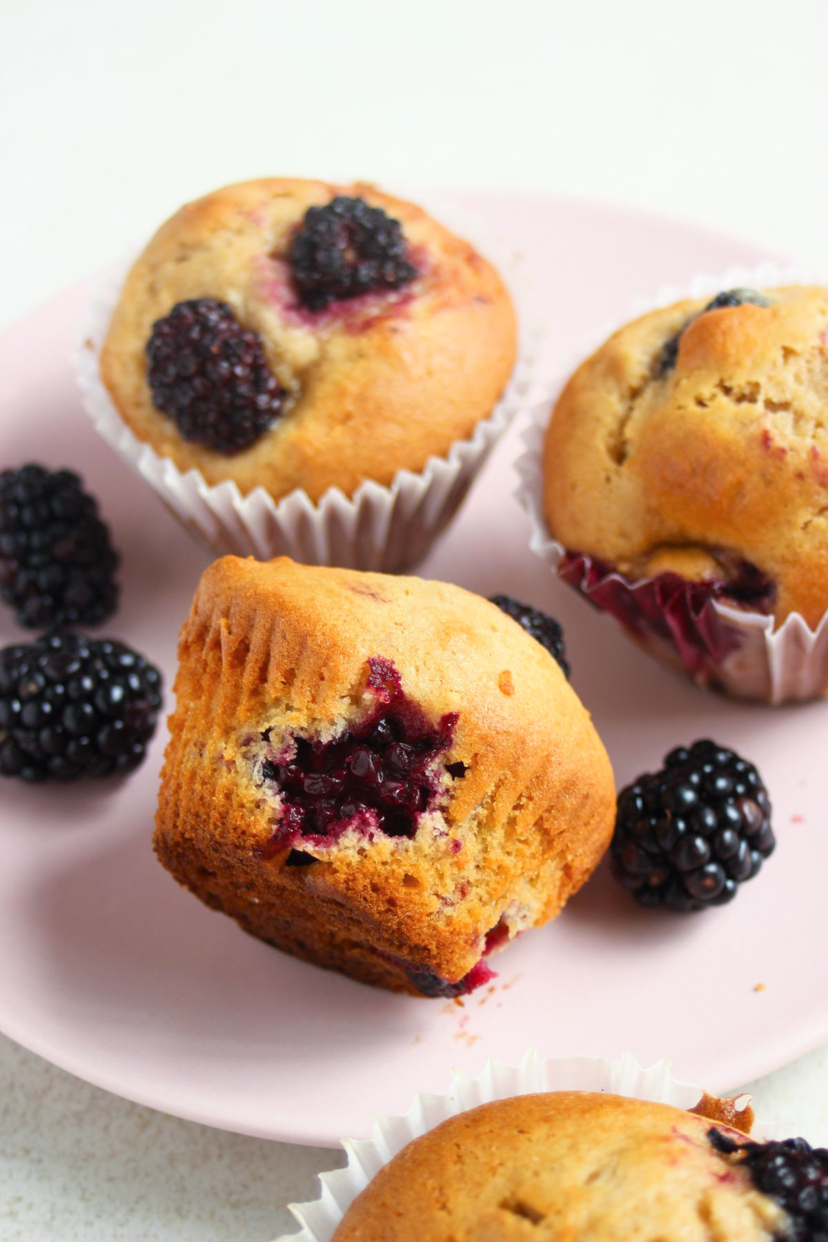 Three blackberry muffins on a pink plate. Two with liners and one without a liner and lying down. Fresh blackberries on the sides.