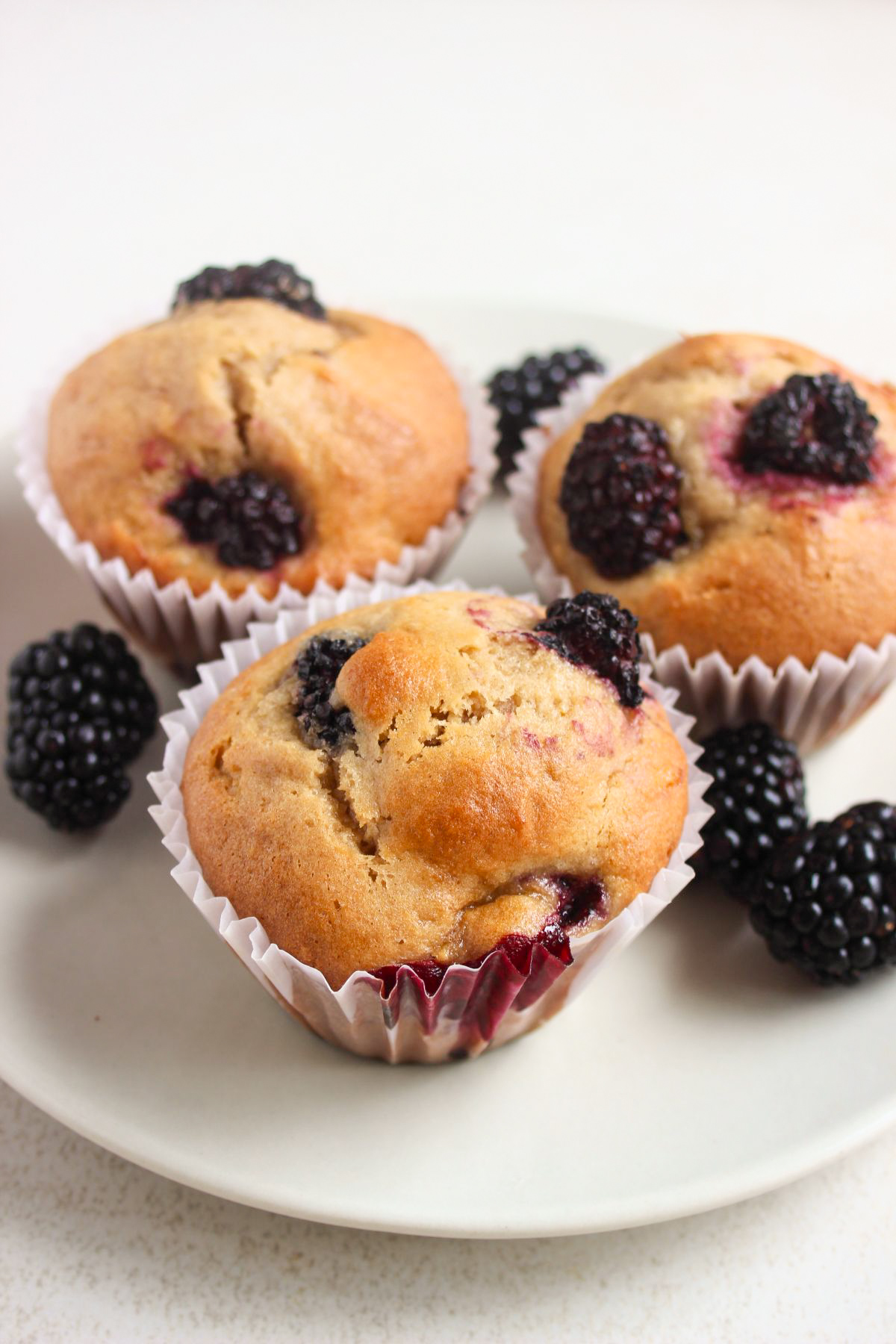 Three blackberry muffins with liners on a plate. Fresh blackberries on the sides.