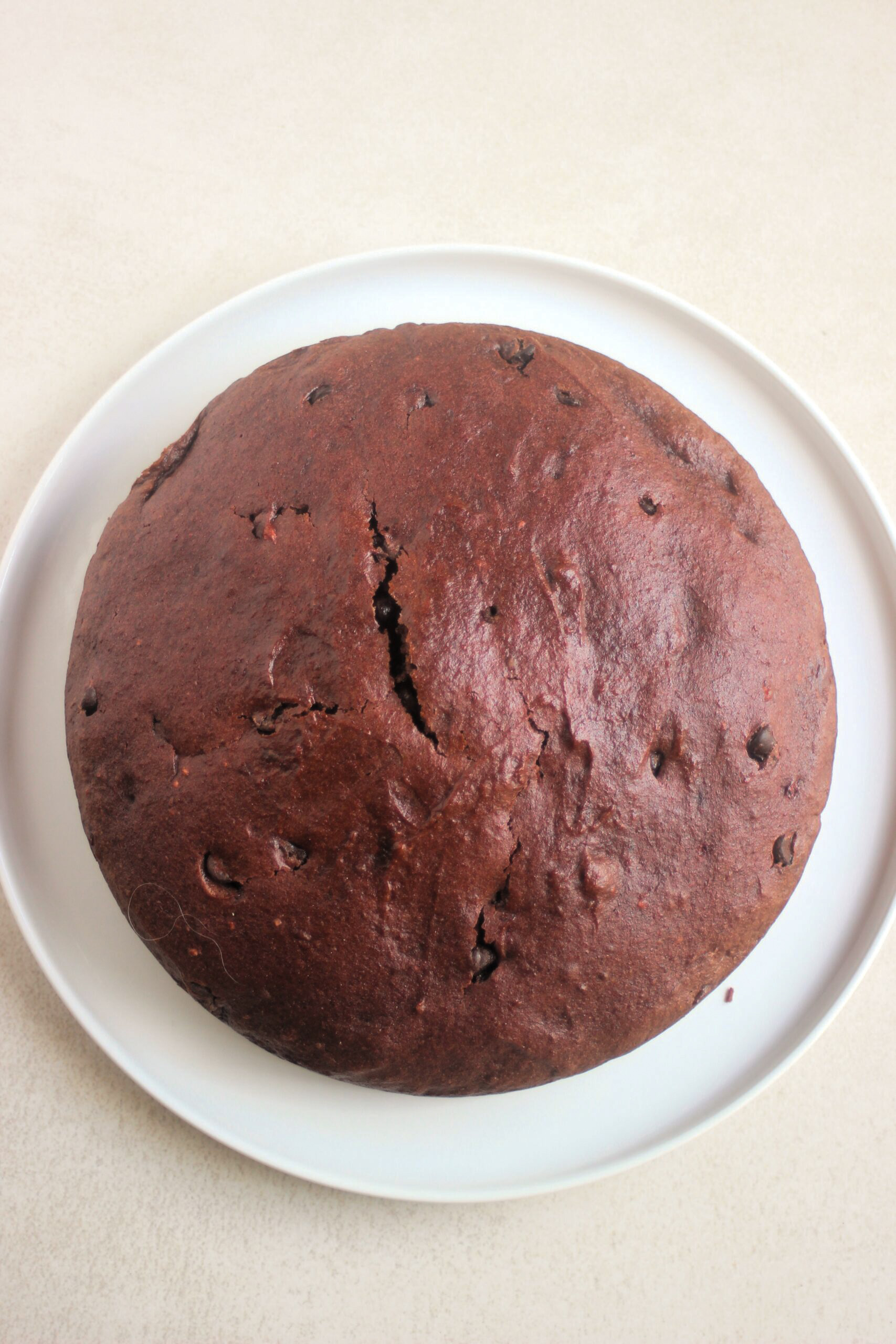 Top view of chocolate beet cake without frosting on a white plate.