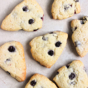 Blueberry scones on a white surface seen from above.