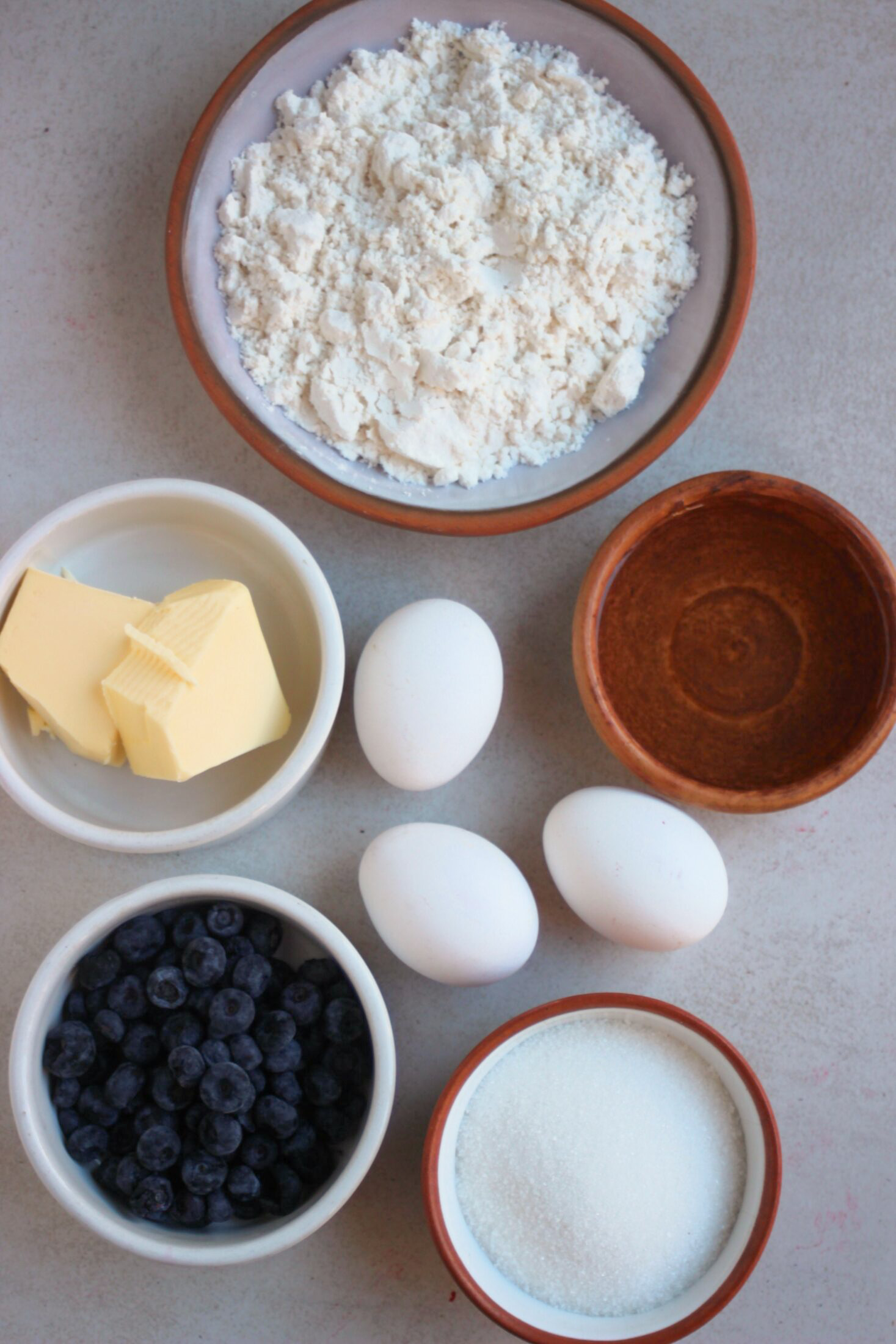 Top view of blueberry coffee cake ingredients.