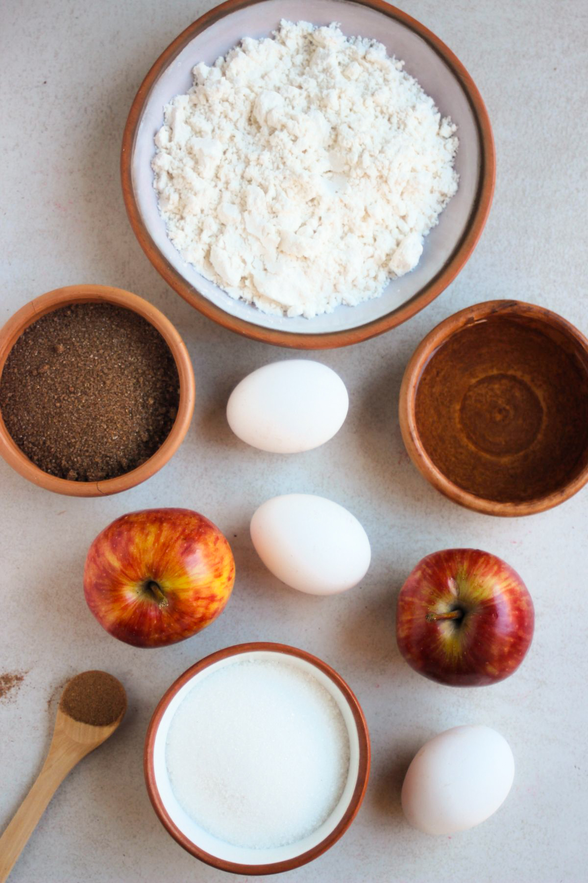 Top view of fresh apple cake ingredients.